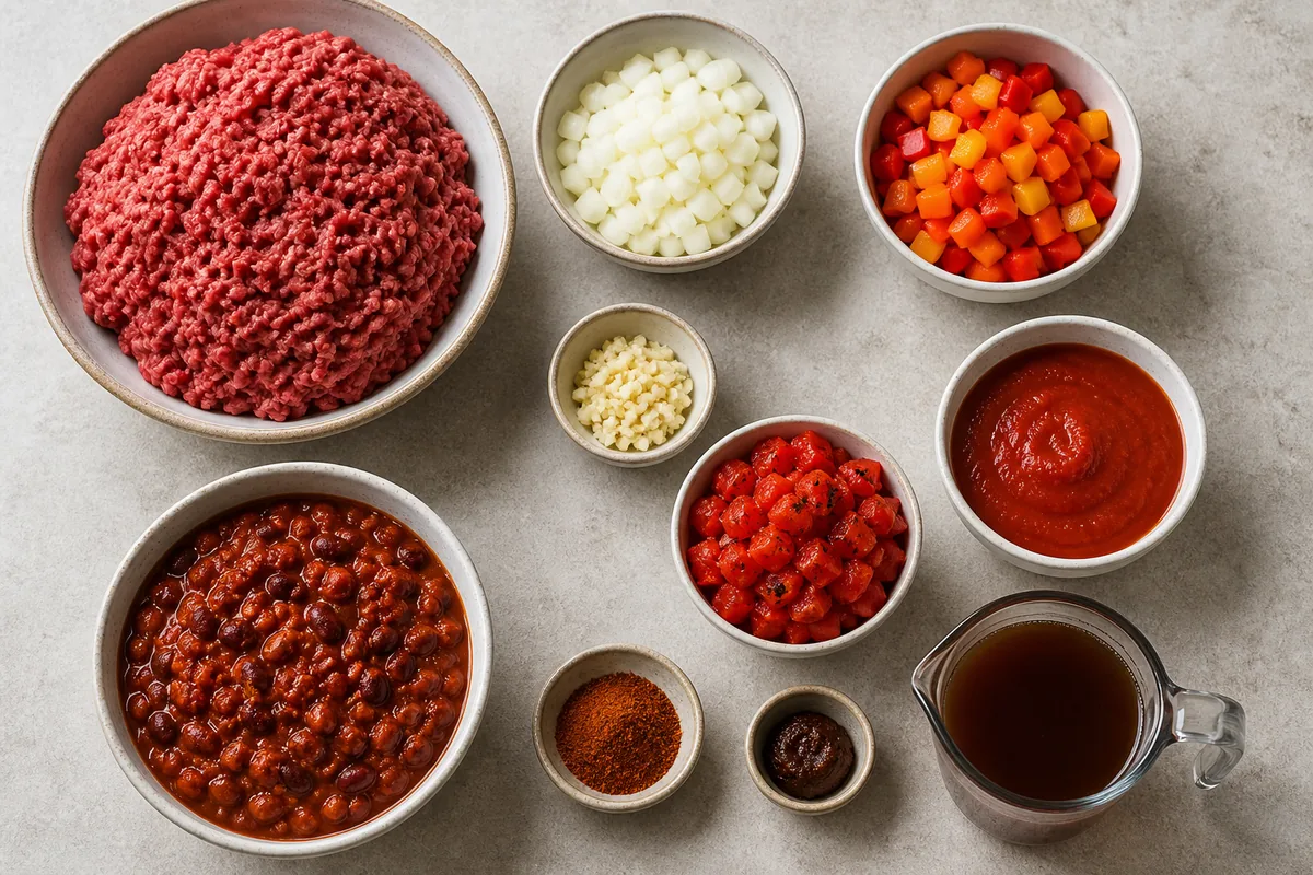 Measured ingredients for homemade chili including ground beef, onion, bell pepper, garlic, chili starter, tomatoes, tomato sauce, broth, bouillon, and seasoning
