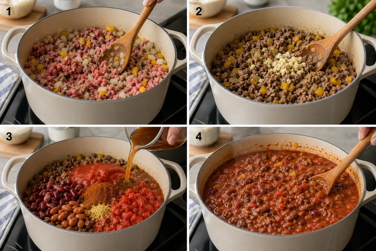 Four stages of homemade chili showing beef with onion and pepper, garlic added after browning, tomato and chili ingredients combined, and thick finished chili