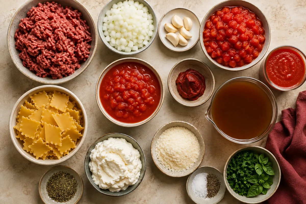 Ingredients for lasagna soup including ground beef, onion, garlic, tomatoes, broth, broken lasagna noodles, ricotta, Parmesan, and herbs