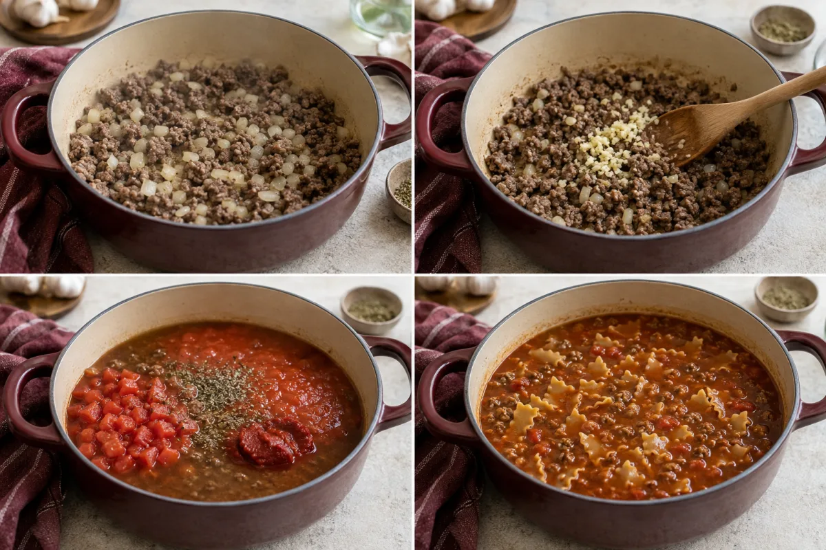Four stages showing beef and onion browned, garlic added, tomato broth stirred in, and broken lasagna noodles simmered until tender