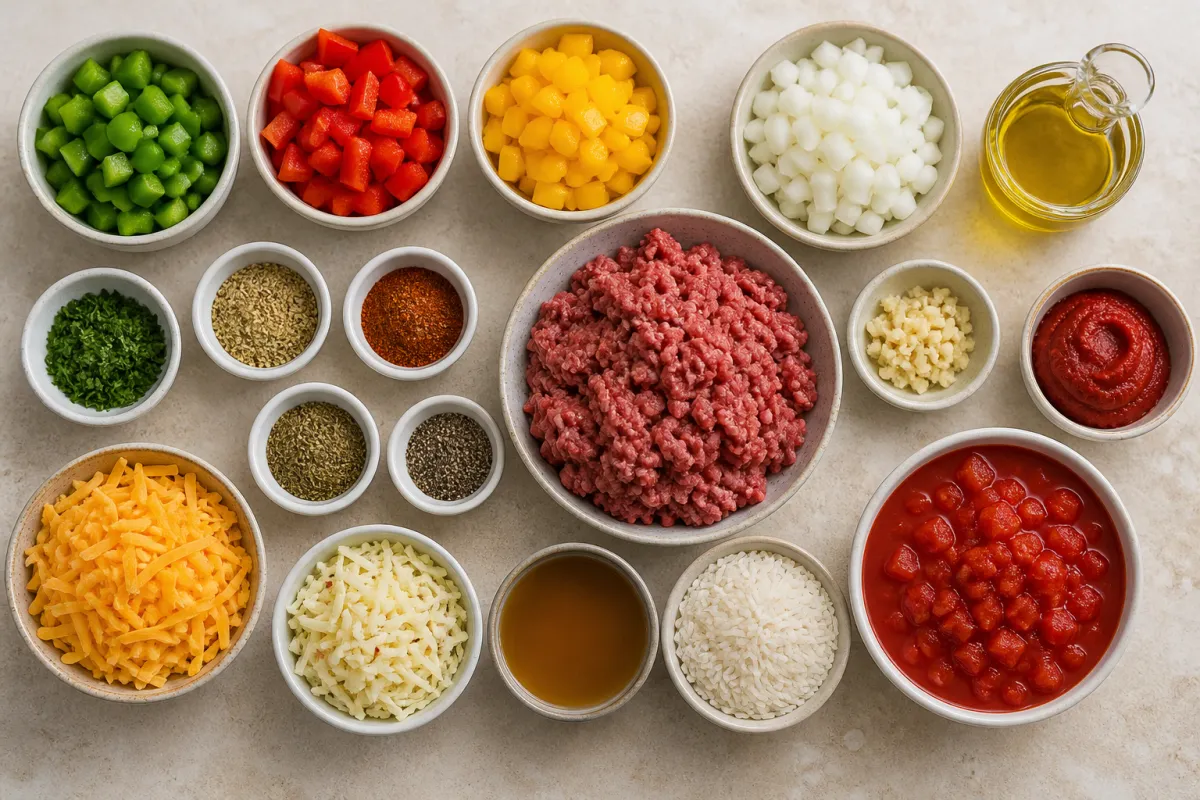 Ingredients for unstuffed pepper skillet with bell peppers, onion, ground beef, garlic, tomato paste, diced tomatoes, white rice, beef broth, cheeses, and seasonings