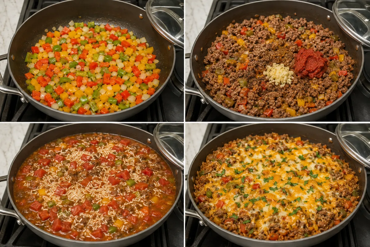Four stages showing peppers and onion sauteed, beef browned with garlic and tomato paste, rice simmered with tomatoes and broth, and the skillet finished with melted cheese