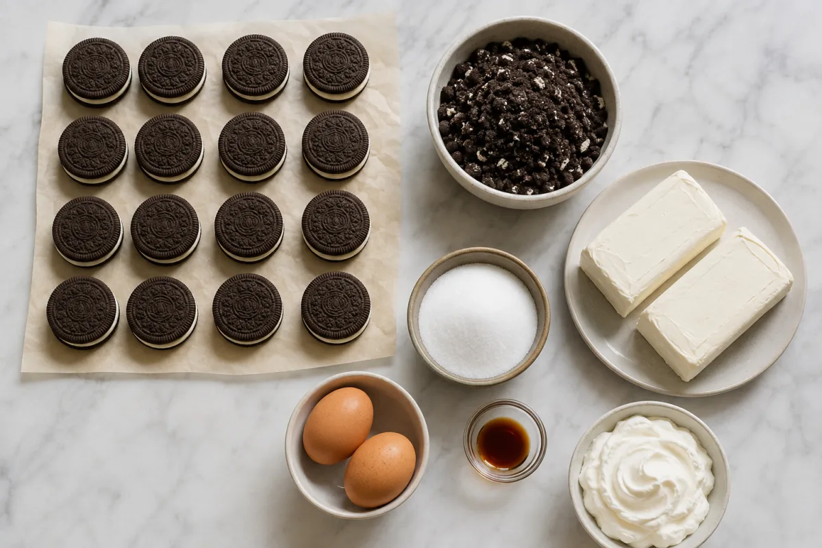 Ingredients for Oreo cheesecake bites with whole chocolate sandwich cookies, cookie chunks, cream cheese, sugar, two eggs, vanilla, and optional whipped cream