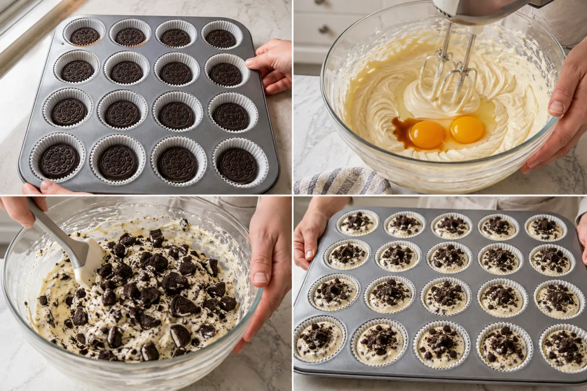 Four stages showing whole cookies in lined muffin cups, cheesecake batter mixed with two eggs, chunky cookies folded in, and sixteen filled cups topped with crumbs