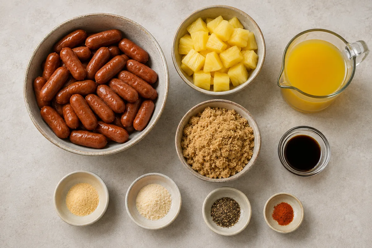 Ingredients for pineapple brown sugar Lil Smokies with cocktail sausages, pineapple chunks and juice, brown sugar, soy sauce, garlic, onion, black pepper, and cayenne
