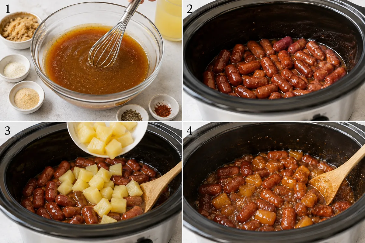Four stages of pineapple brown sugar Lil Smokies showing the glaze whisked, sausages added to a slow cooker, pineapple folded in, and the thick glossy mixture after cooking