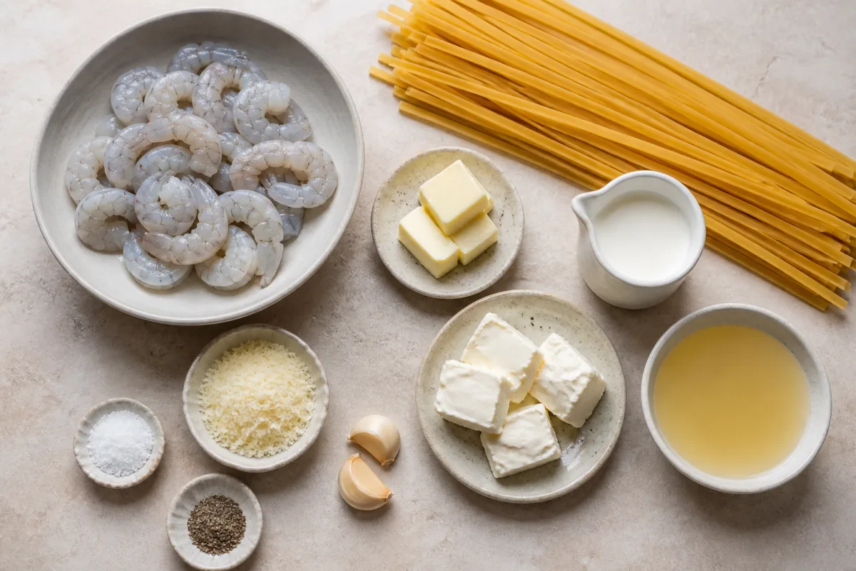 Ingredients for shrimp Alfredo with peeled shrimp, fettuccine, butter, cream cheese, heavy cream, chicken broth, garlic, Parmesan, salt, and pepper