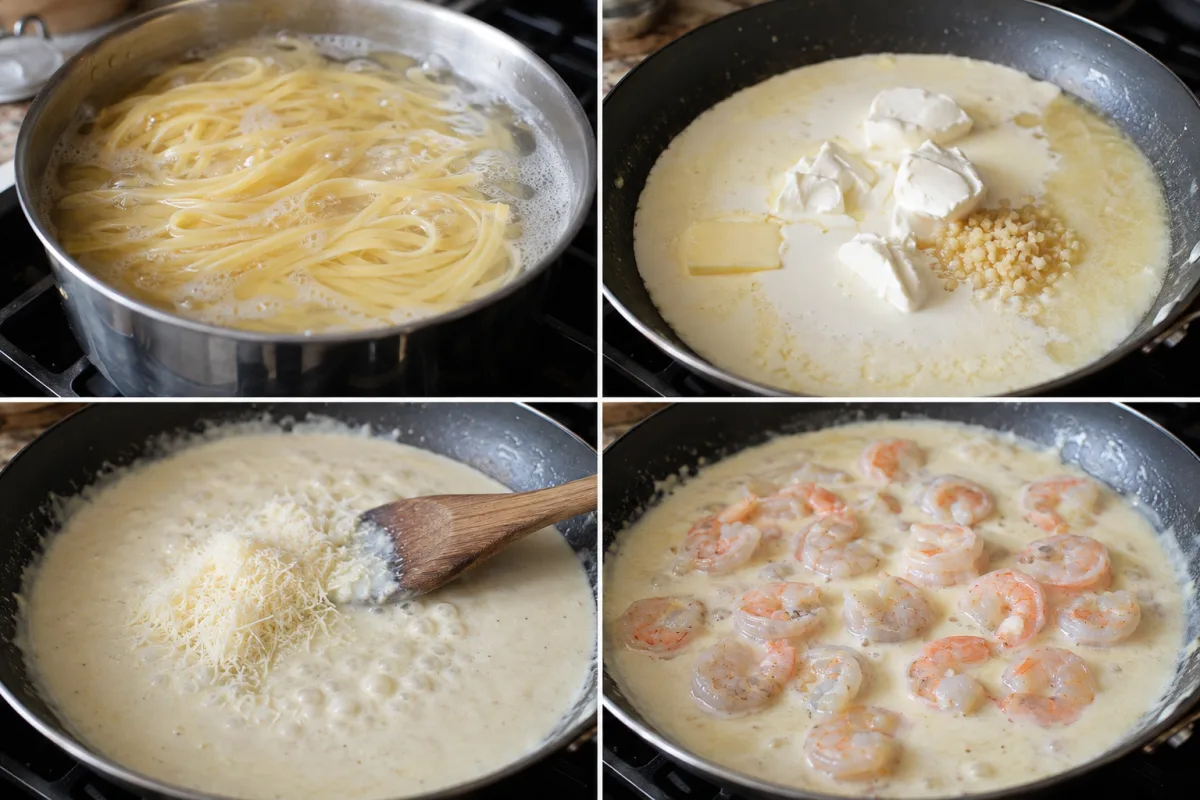 Four stages showing fettuccine boiled, cream cheese sauce melted, Parmesan stirred in, and shrimp cooked gently in Alfredo sauce