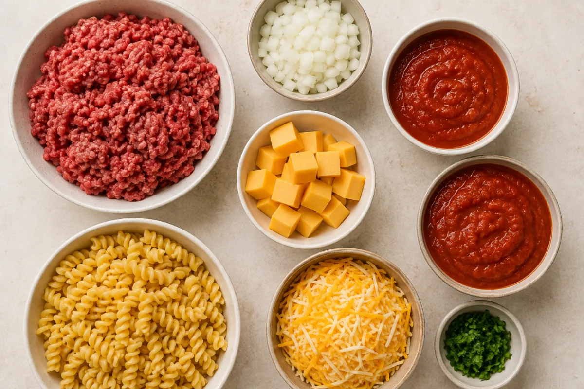 Ingredients for sloppy Joe casserole including ground beef, onion, tomato sloppy Joe sauce, melting cheese, corkscrew pasta, Colby Jack, and parsley