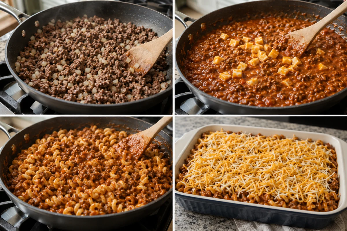Four stages showing beef and onion browned, sloppy Joe sauce and cheese melted in, corkscrew pasta folded through, and casserole topped with shredded cheese