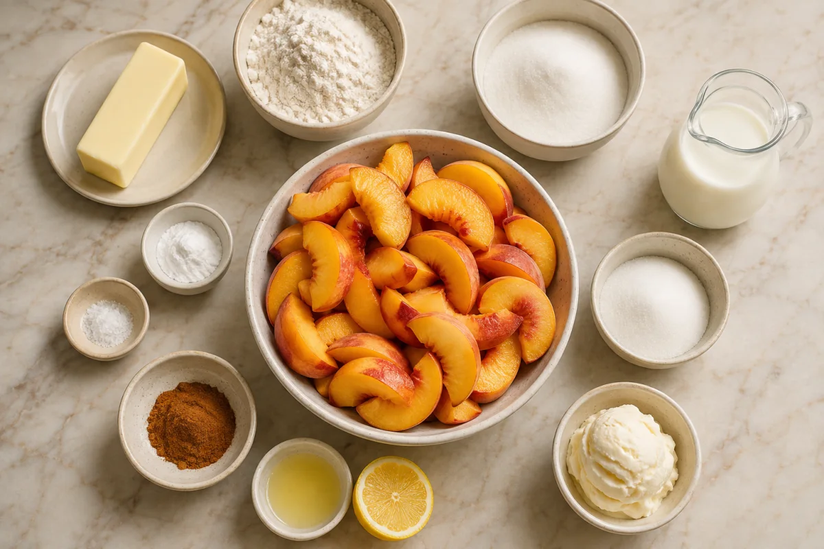 Ingredients for Southern peach cobbler including butter, flour, sugar, milk, peaches, lemon, baking powder, salt, and cinnamon