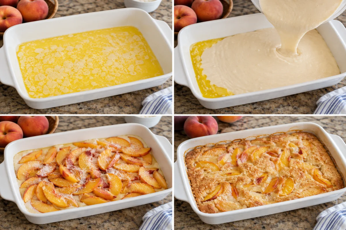 Four stages showing melted butter, batter poured over butter, sliced peaches layered on top, and cobbler baked golden