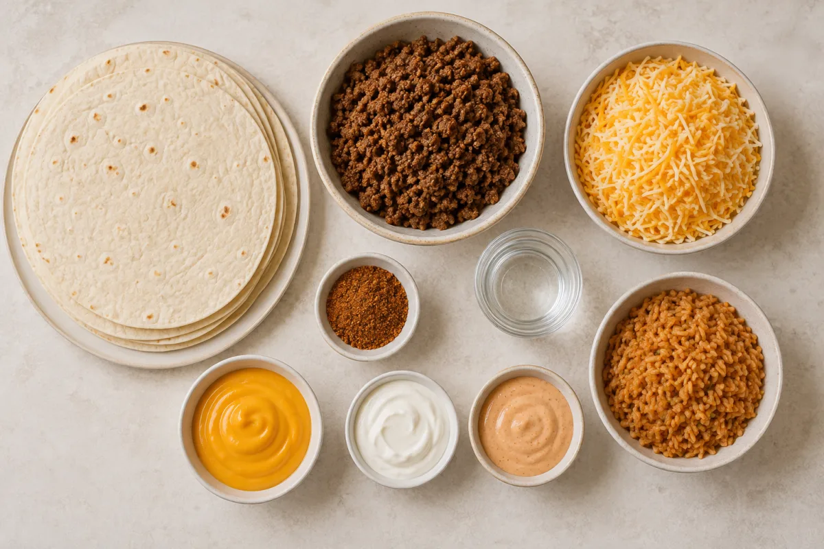 Ingredients for homemade beef quesaritos with flour tortillas, seasoned beef, Mexican cheese, rice, nacho cheese, sour cream, and chipotle sauce