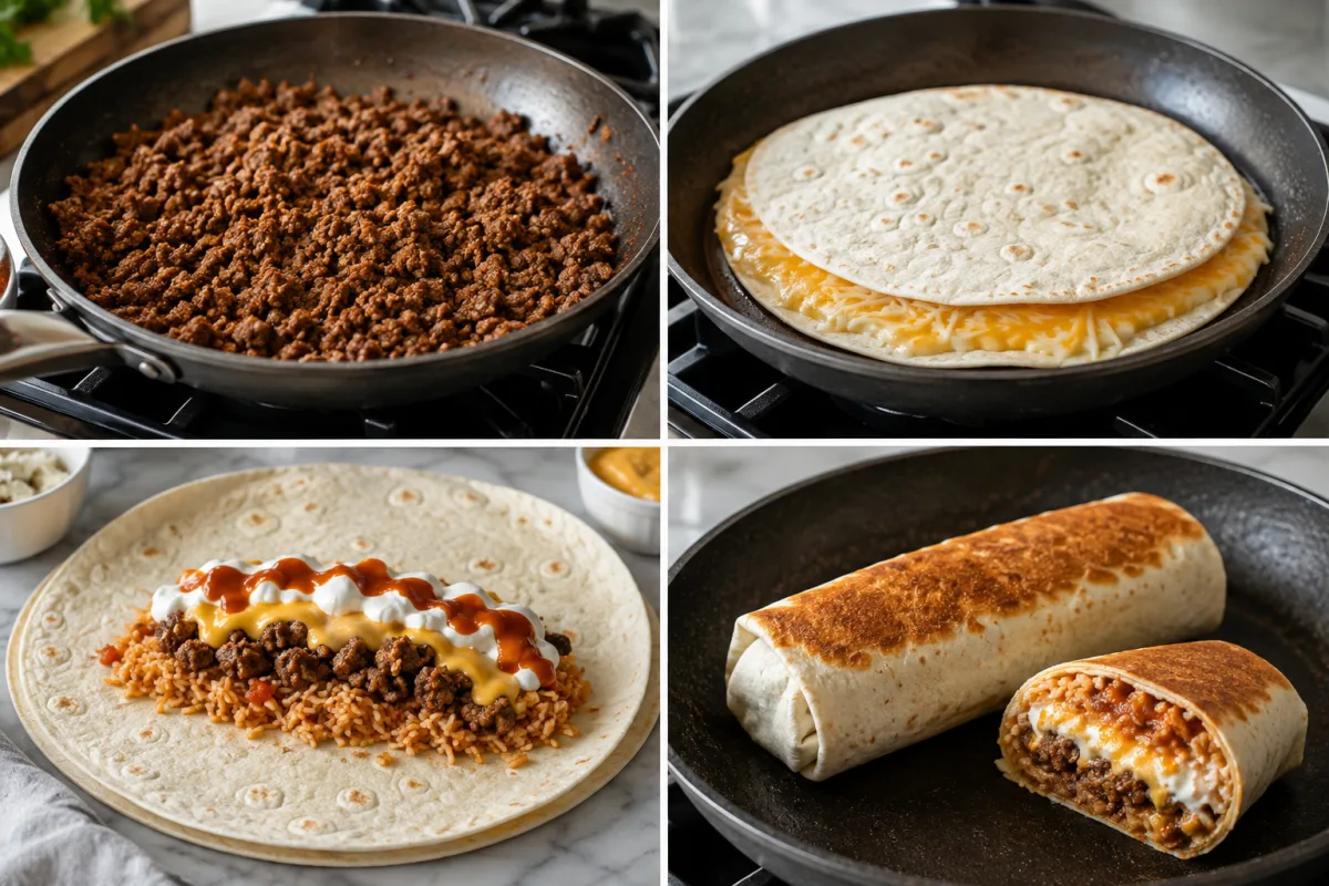 Four stages showing taco beef cooked, cheese melted between tortillas, rice beef and sauces added, and a rolled quesarito toasted in a skillet