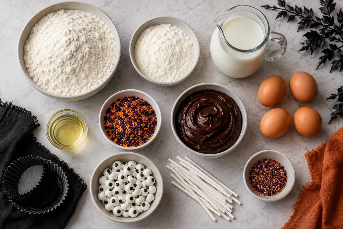 Ingredients for Halloween eyeball cupcakes including cake mix, pudding mix, milk, eggs, oil, sprinkles, chocolate frosting, and edible eyes