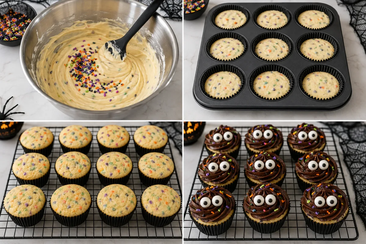 Four stages showing sprinkle batter mixed, liners filled, cupcakes cooled, and chocolate-frosted cupcakes topped with edible eyes