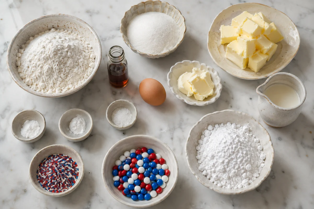 Ingredients for Fireworks Sugar Cookie Cake including butter, flour, sugar, egg, vanilla, leaveners, powdered sugar, cream, candy-coated chocolates, and sprinkles