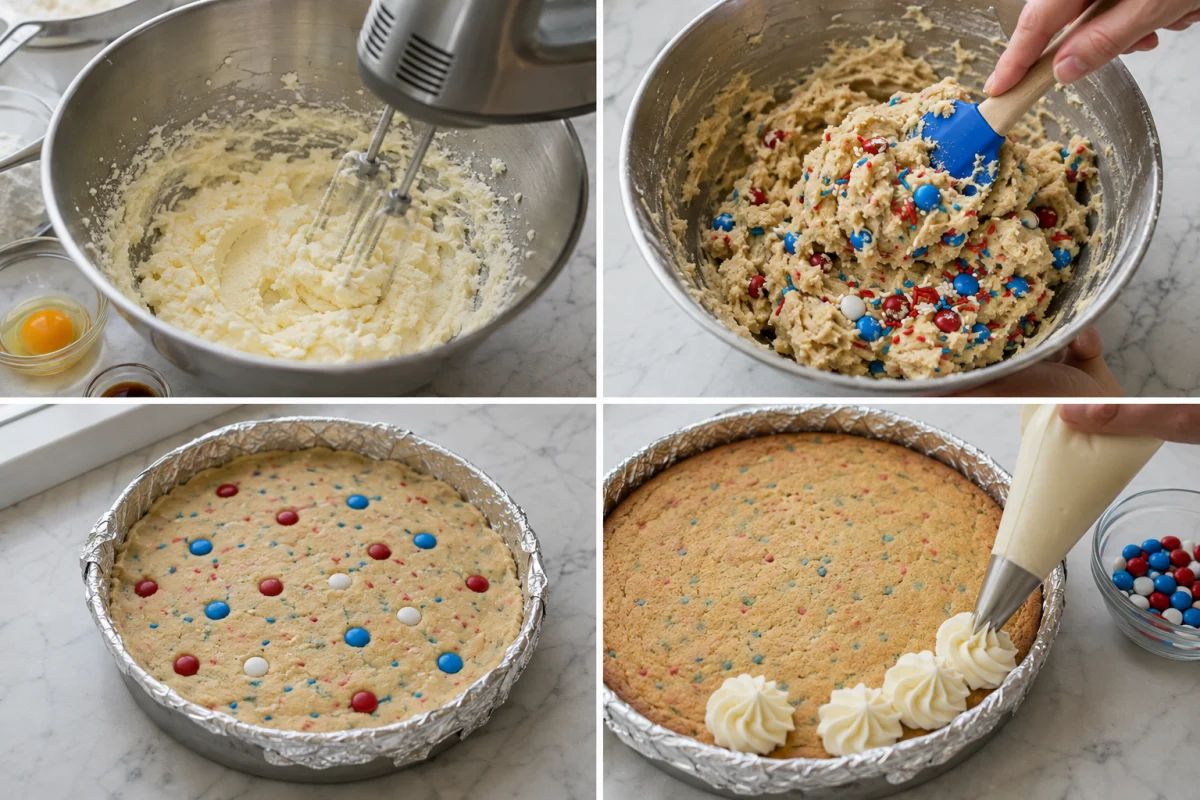 Four stages for Fireworks Sugar Cookie Cake: creaming butter and sugar, mixing candy into dough, pressing dough into the pan, and piping buttercream