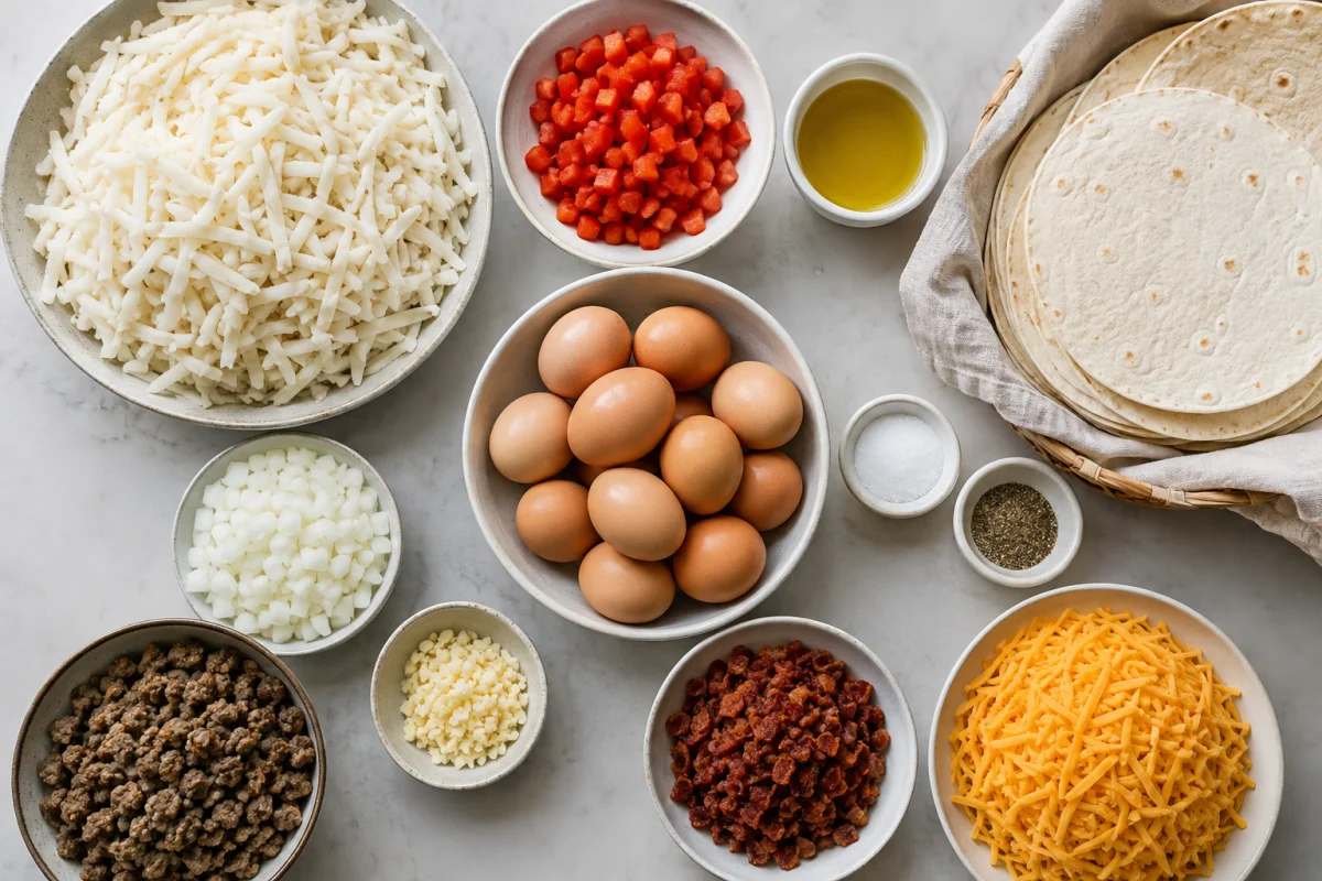 Ingredients for freezer breakfast burritos including eggs, hash browns, onion, red bell pepper, sausage, bacon, cheddar, tortillas, oil, garlic, salt, and pepper