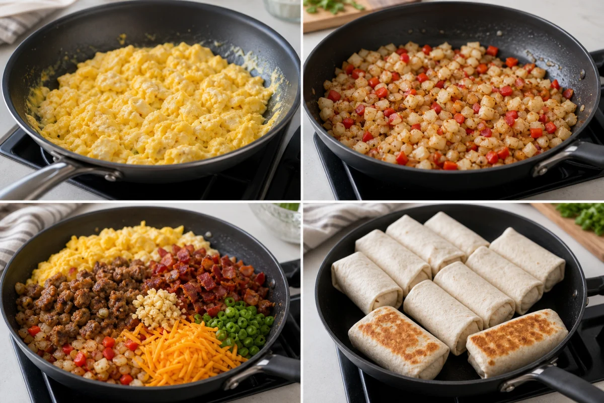 Four stages showing eggs scrambling, hash browns and vegetables cooking, breakfast filling spooned into tortillas, and eight rolled burritos seared for freezing