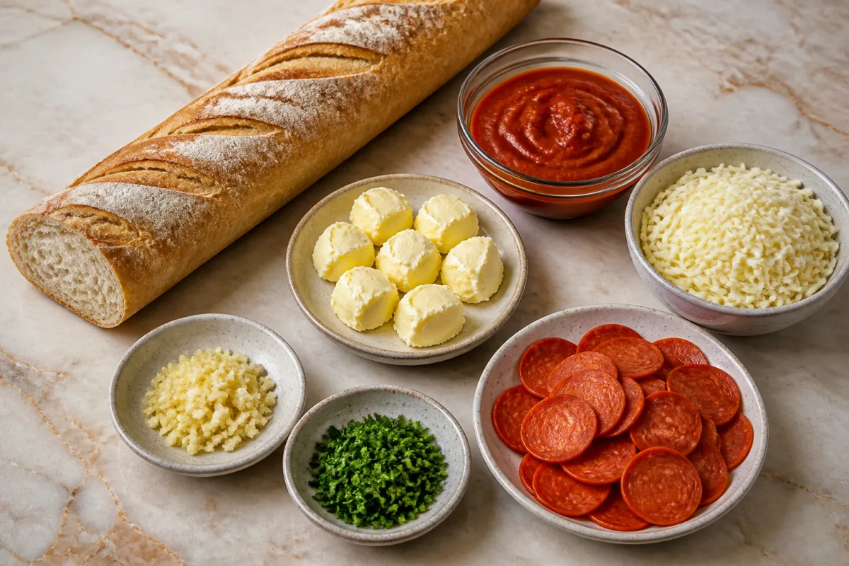 Ingredients for French bread pizza with a loaf, softened butter, parsley, garlic, pizza sauce, mozzarella, and pepperoni