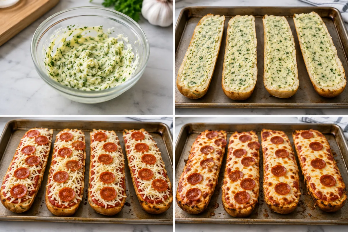 Four stages showing garlic parsley butter mixed, French bread spread and toasted, pizza sauce and mozzarella added, and French bread pizza baked with pepperoni