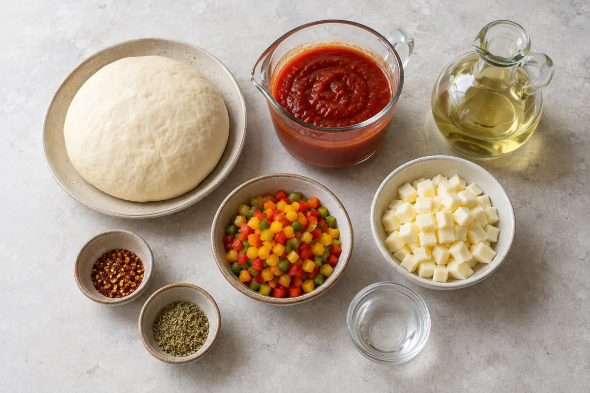 Ingredients for fried pizza bites with pizza dough, red pizza sauce, chili flakes, oregano, chopped bell pepper, mozzarella cubes, frying oil, and water