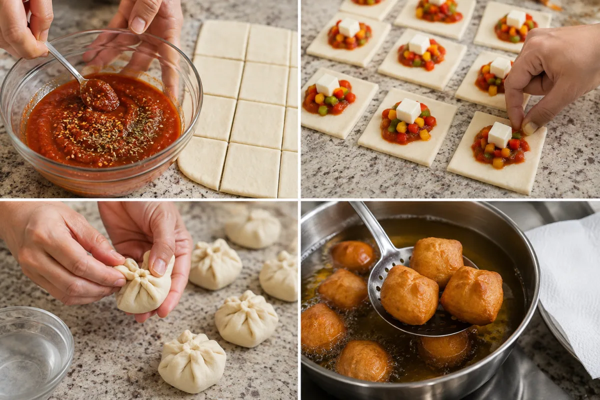 Four stages showing seasoned pizza sauce and dough squares, sauce pepper and mozzarella filling, tightly pinched dough pouches, and pizza bites fried golden