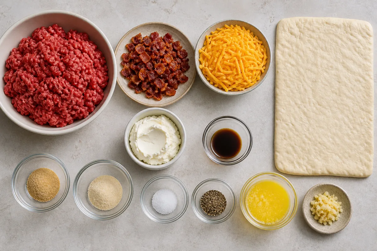 Ingredients for bacon cheeseburger rollups with ground beef, bacon, cheddar, cream cheese, pizza dough, Worcestershire, seasonings, butter, and garlic