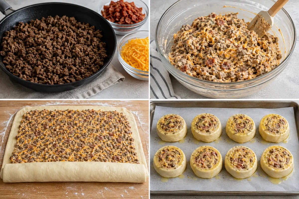 Four stages showing browned beef, bacon cheeseburger filling, filling spread over pizza dough, and eight sliced rollups brushed with garlic butter