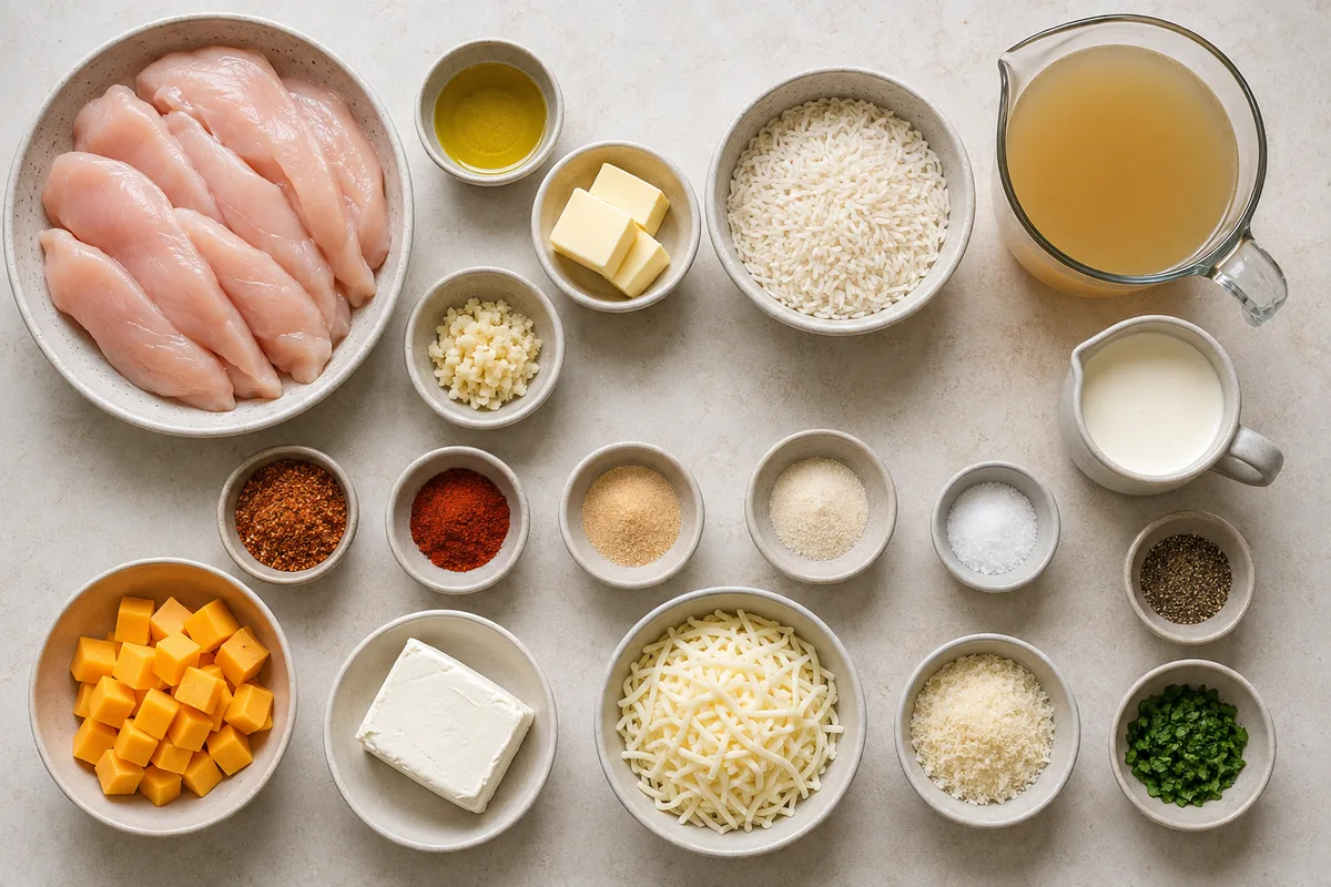 Ingredients for garlic butter chicken with Cajun cheesy rice including chicken, rice, garlic, broth, cream, four cheeses, butter, seasonings, and parsley