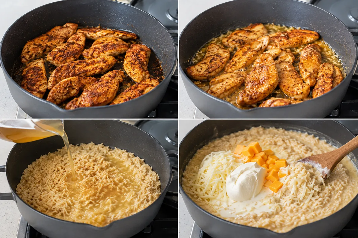 Four stages of garlic butter chicken with Cajun cheesy rice showing browned chicken, garlic butter, broth added to rice, and cheeses melting into the skillet