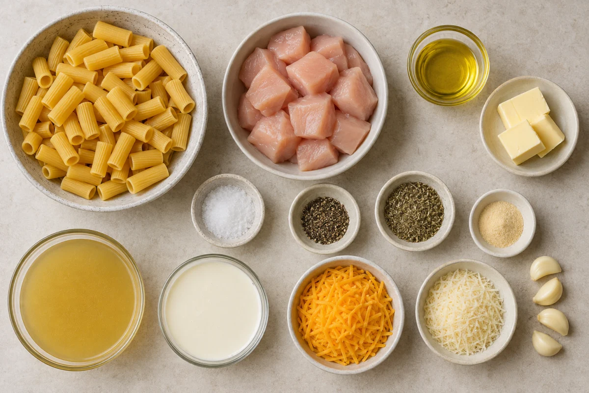 Ingredients for garlic butter chicken rigatoni including pasta, chicken, butter, garlic, broth, cream, cheddar, Parmesan, and seasonings