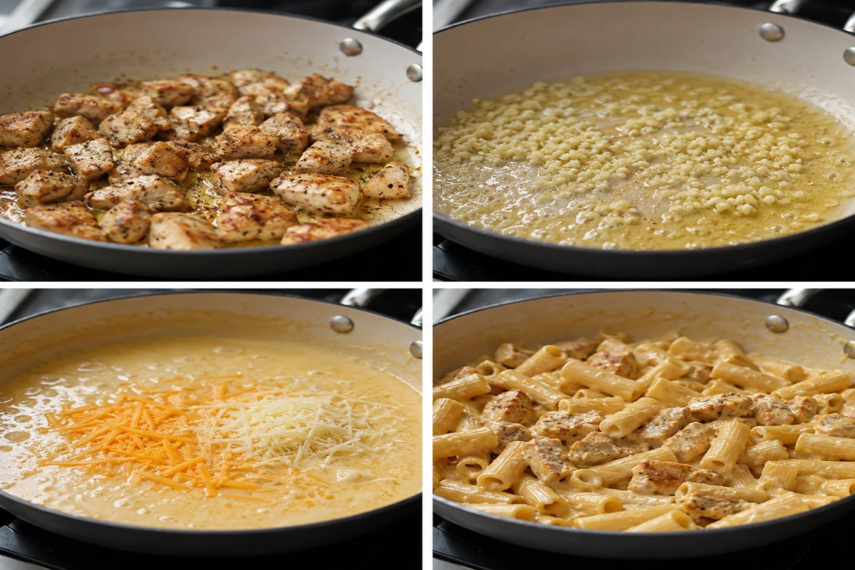 Four stages showing chicken seared, garlic cooked in butter, cheese sauce prepared, and rigatoni combined with chicken