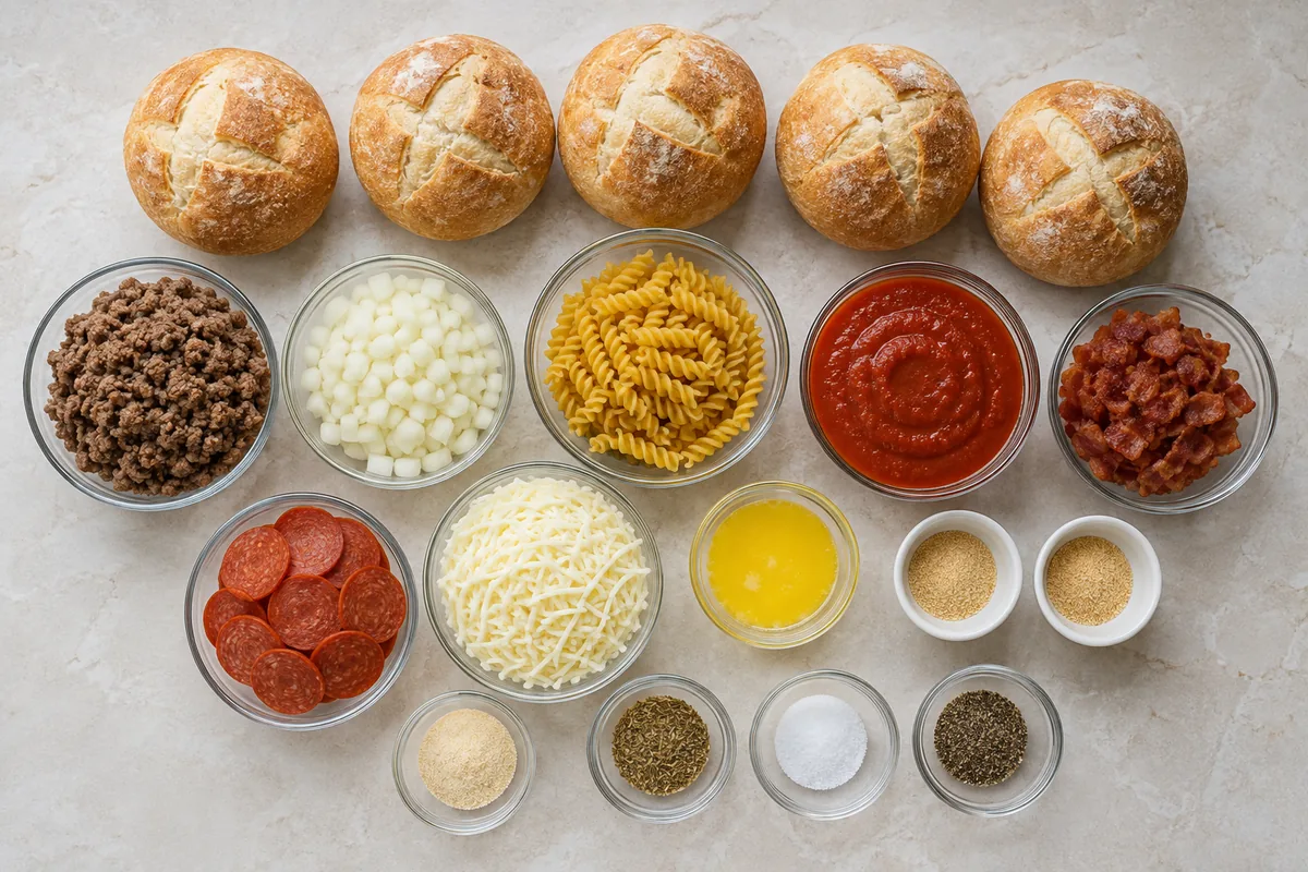 Ingredients for pizza pasta bread bowls with five bread boules, ground beef, onion, rotini, marinara, bacon, pepperoni, mozzarella, butter, and seasonings