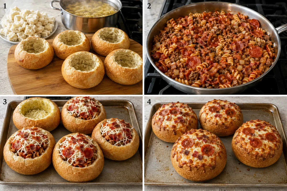 Four stages of pizza pasta bread bowls showing five boules hollowed and rotini cooked, beef pizza pasta mixed, bowls brushed and filled, and cheese broiled until golden