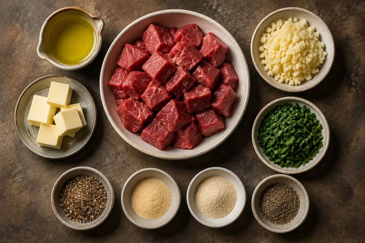 Ingredients for garlic butter steak bites with cubed steak, avocado oil, butter, minced garlic, parsley, steak seasoning, garlic powder, onion powder, and black pepper