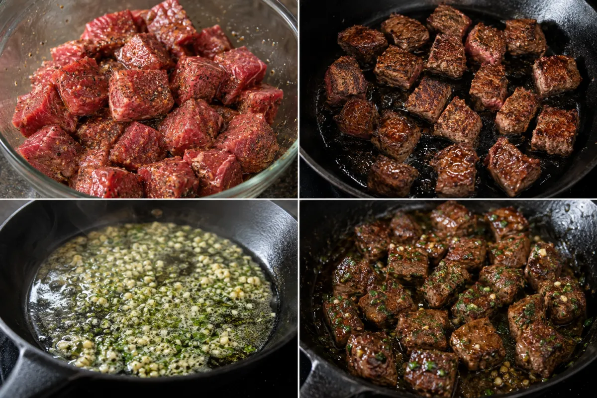Four stages showing cubed steak seasoned, steak bites seared in cast iron, garlic and parsley cooked in butter, and browned steak tossed in garlic butter