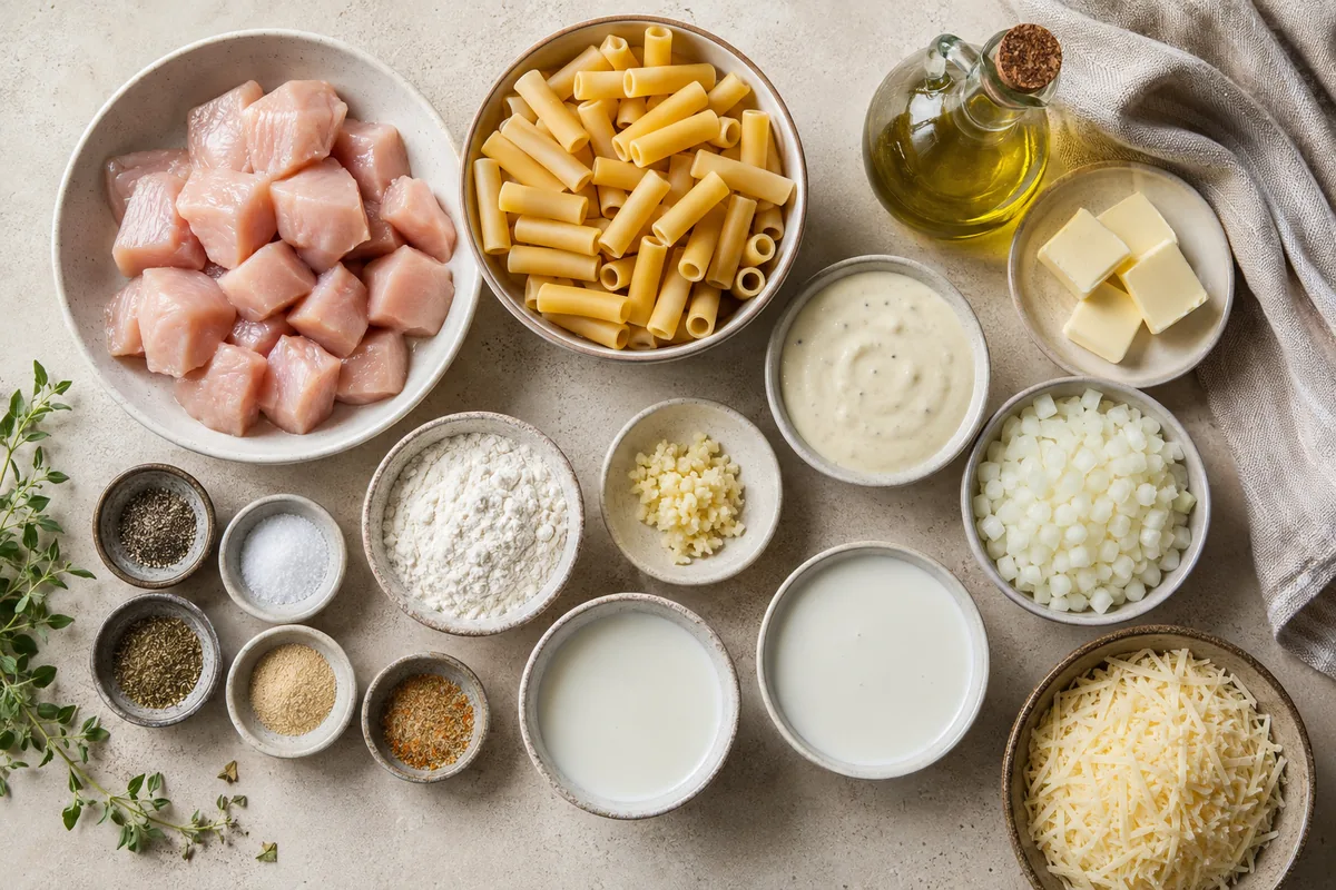 Ingredients for garlic Parmesan chicken pasta with diced chicken, ziti, cream, milk, butter, onion, garlic, flour, seasonings, sauce, and Parmesan