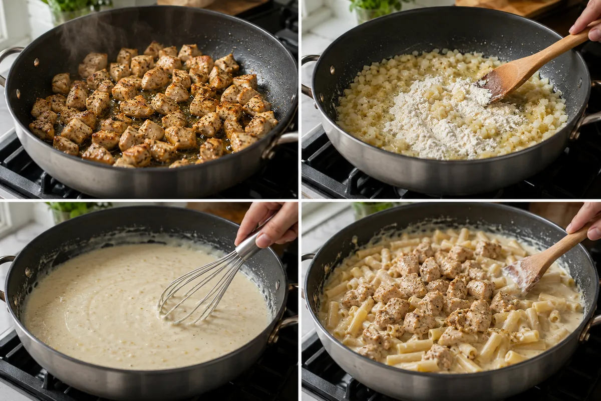 Four stages for garlic Parmesan chicken pasta: browning chicken, making a roux, whisking the cream sauce, and combining chicken with ziti