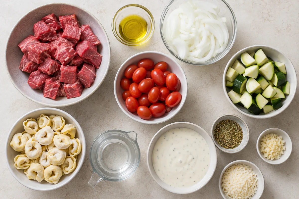 Ingredients for garlic Parmesan steak tortellini including cubed steak, frozen cheese tortellini, onion, zucchini, grape tomatoes, oil, garlic Parmesan sauce, seasoning, and Parmesan