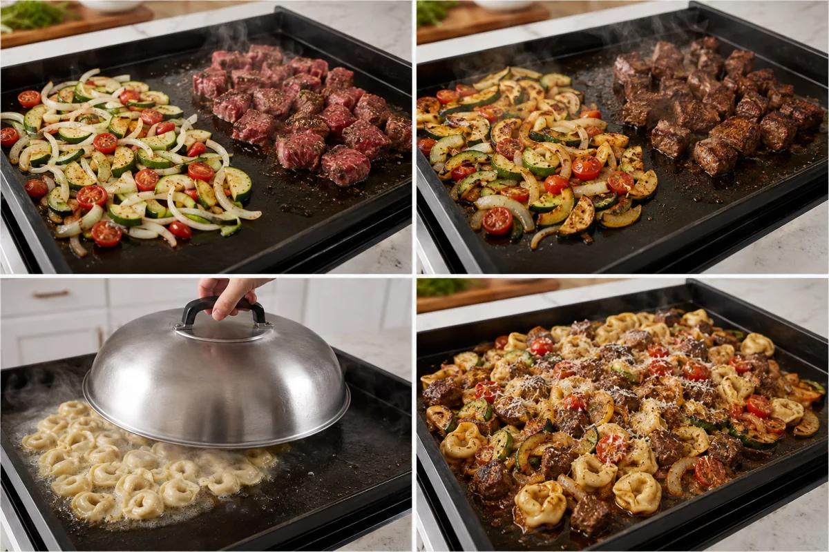 Four stages showing vegetables cooking on a griddle, steak cubes searing, frozen tortellini steaming under a dome, and steak tortellini tossed with garlic Parmesan sauce