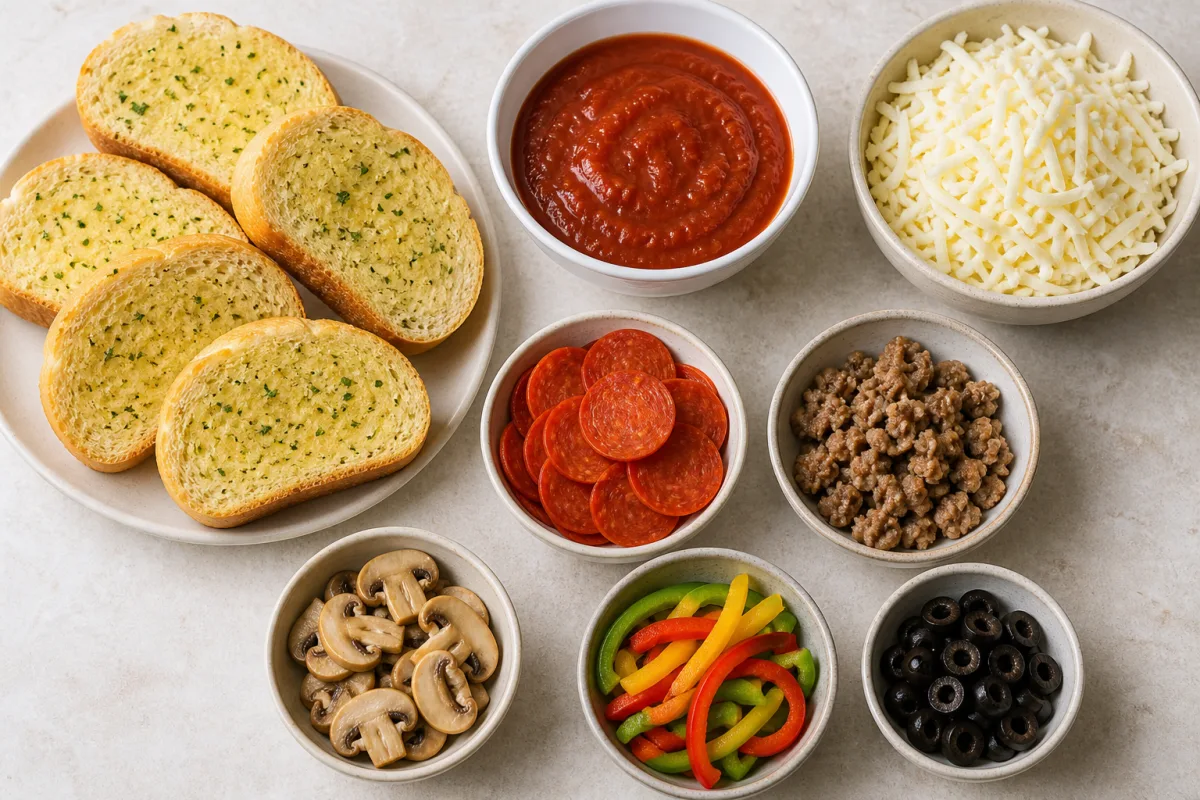 Ingredients for garlic toast pizzas with frozen garlic toast, pizza sauce, mozzarella, pepperoni, sausage, mushrooms, bell pepper, and olives