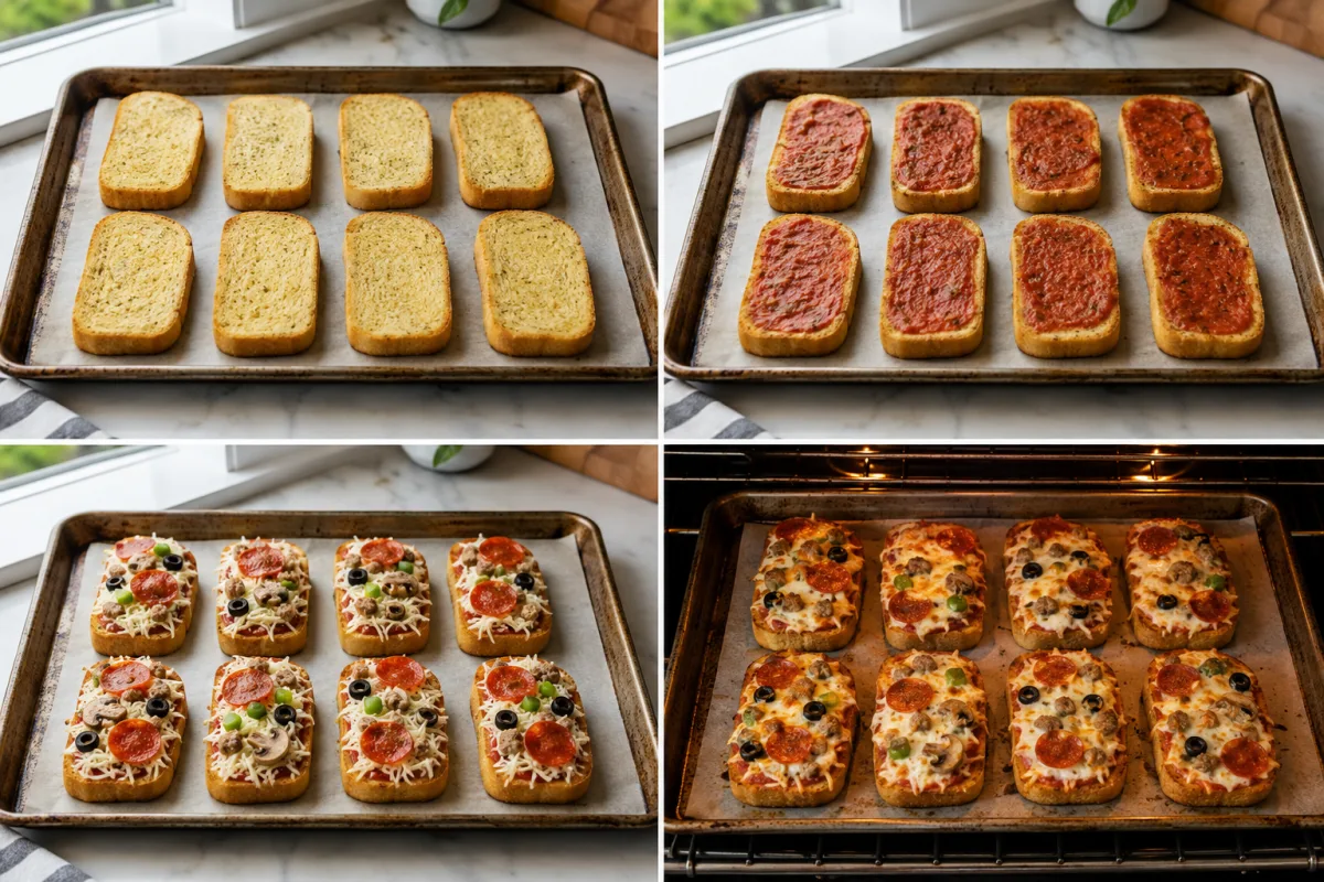 Four stages showing garlic toast partially baked, spread lightly with pizza sauce, topped with mozzarella and assorted toppings, then broiled until bubbling