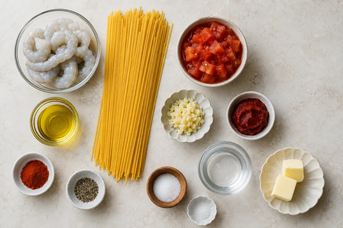 Spaghetti, peeled shrimp, tomatoes, tomato paste, garlic, olive oil, paprika, pepper, salt, pasta water, and butter