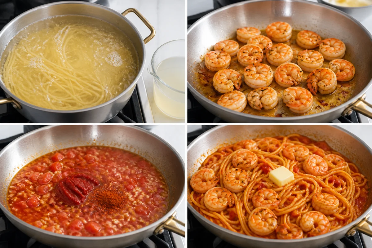 Four stages showing spaghetti boiling, shrimp searing, garlic tomato sauce simmering, and shrimp spaghetti finished in the skillet