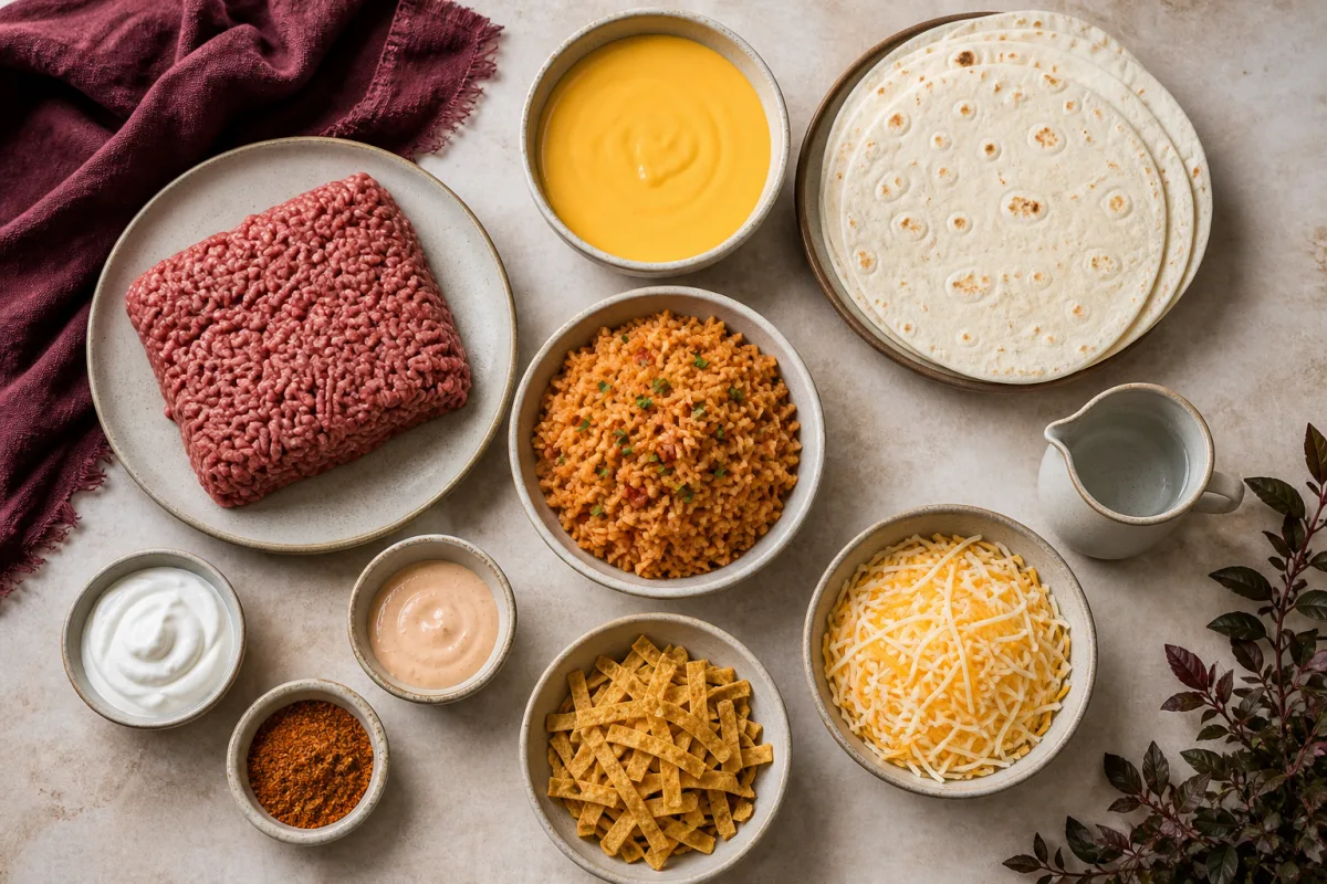 Ingredients for grilled cheese burritos with ground beef, taco seasoning, tortillas, nacho cheese, rice, chipotle sauce, sour cream, tortilla strips, and shredded cheese