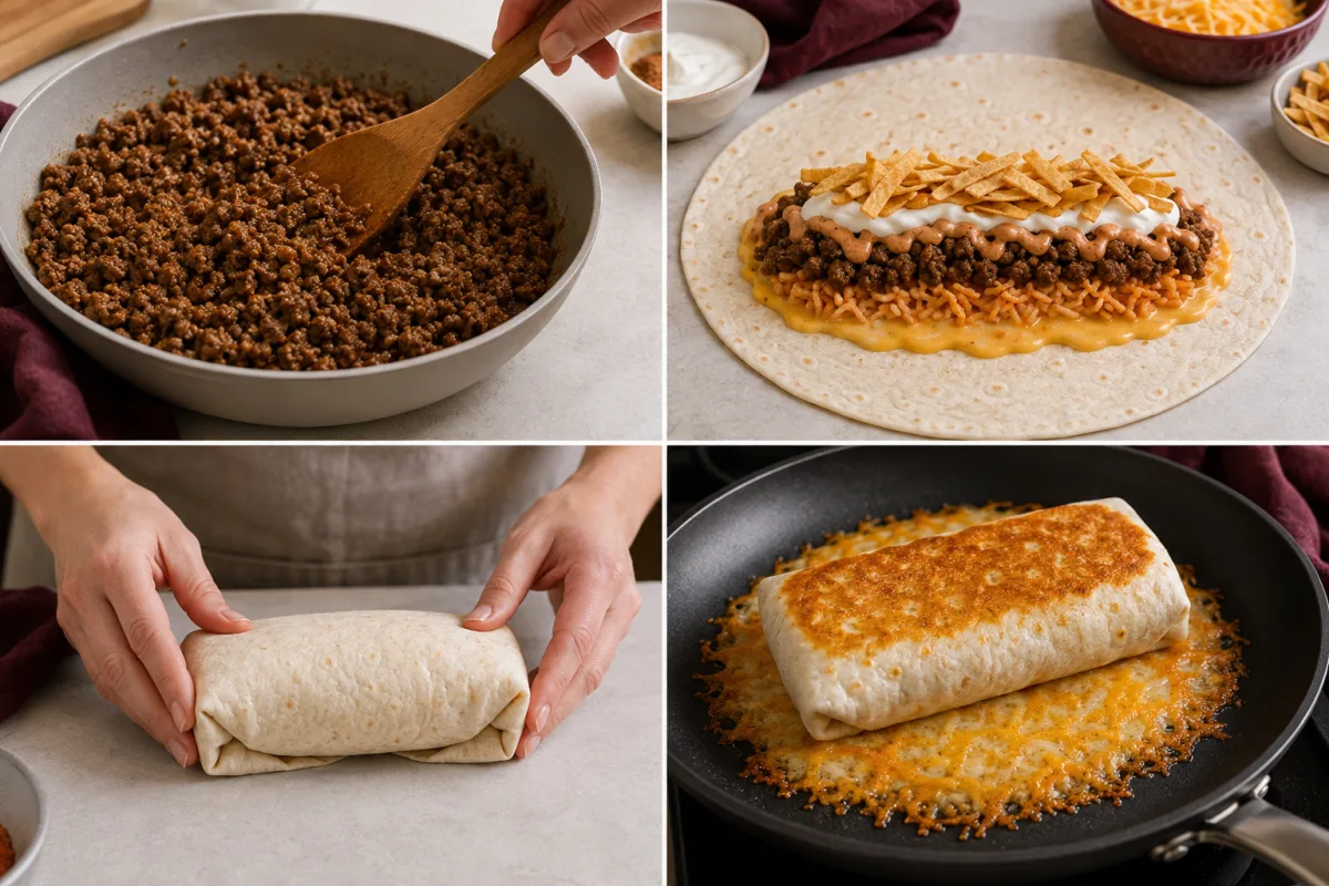 Four stages showing seasoned beef cooked, burrito fillings layered, tortilla folded, and burrito grilled on shredded cheese