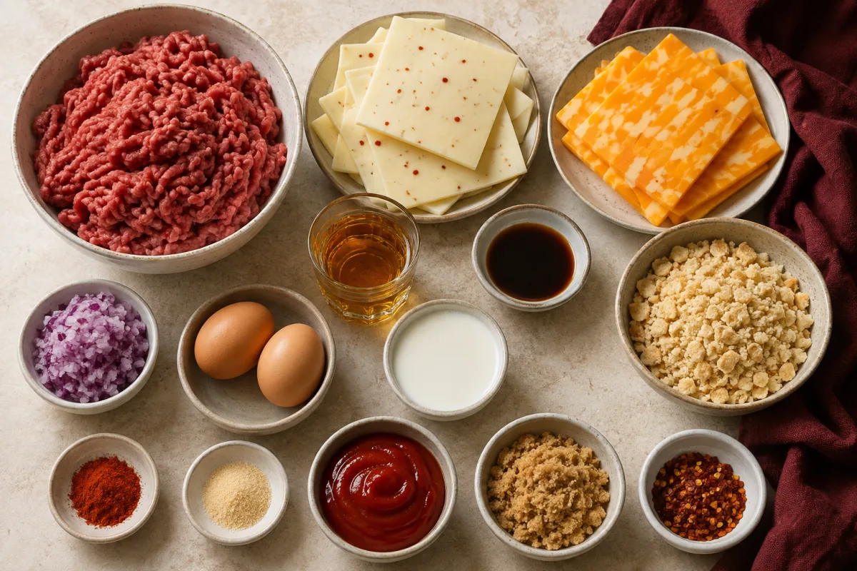Ingredients for smoked JackLoaf with ground chuck, pepper jack, Colby cheese, whiskey, Worcestershire sauce, cracker crumbs, red onion, milk, eggs, spices, ketchup, brown sugar, honey, and chile flakes