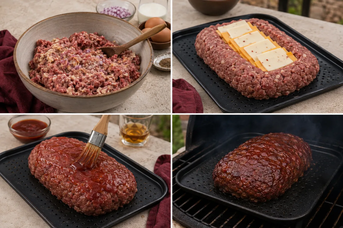 Four stages showing meatloaf mixture combined, cheese layered in the center, loaf sealed and glazed, and JackLoaf smoked until browned